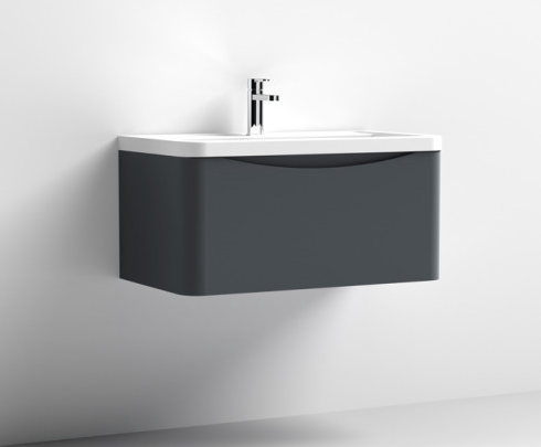 Nuie Lunar Satin Anthracite 800mm Wall Hung 1 Drawer Vanity Unit & Polymarble Basin